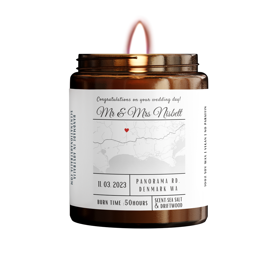 Personalised engagement candle for newly engaged couples in Australia, hand-poured soy with vinyl sticker by Scent Nation