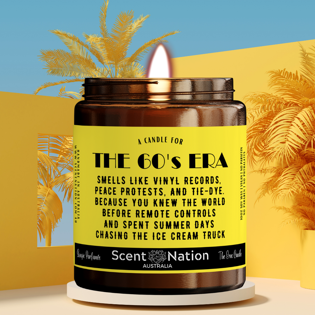 Scented soy candle designed to evoke nostalgia for the 60's, ideal for vintage enthusiasts.