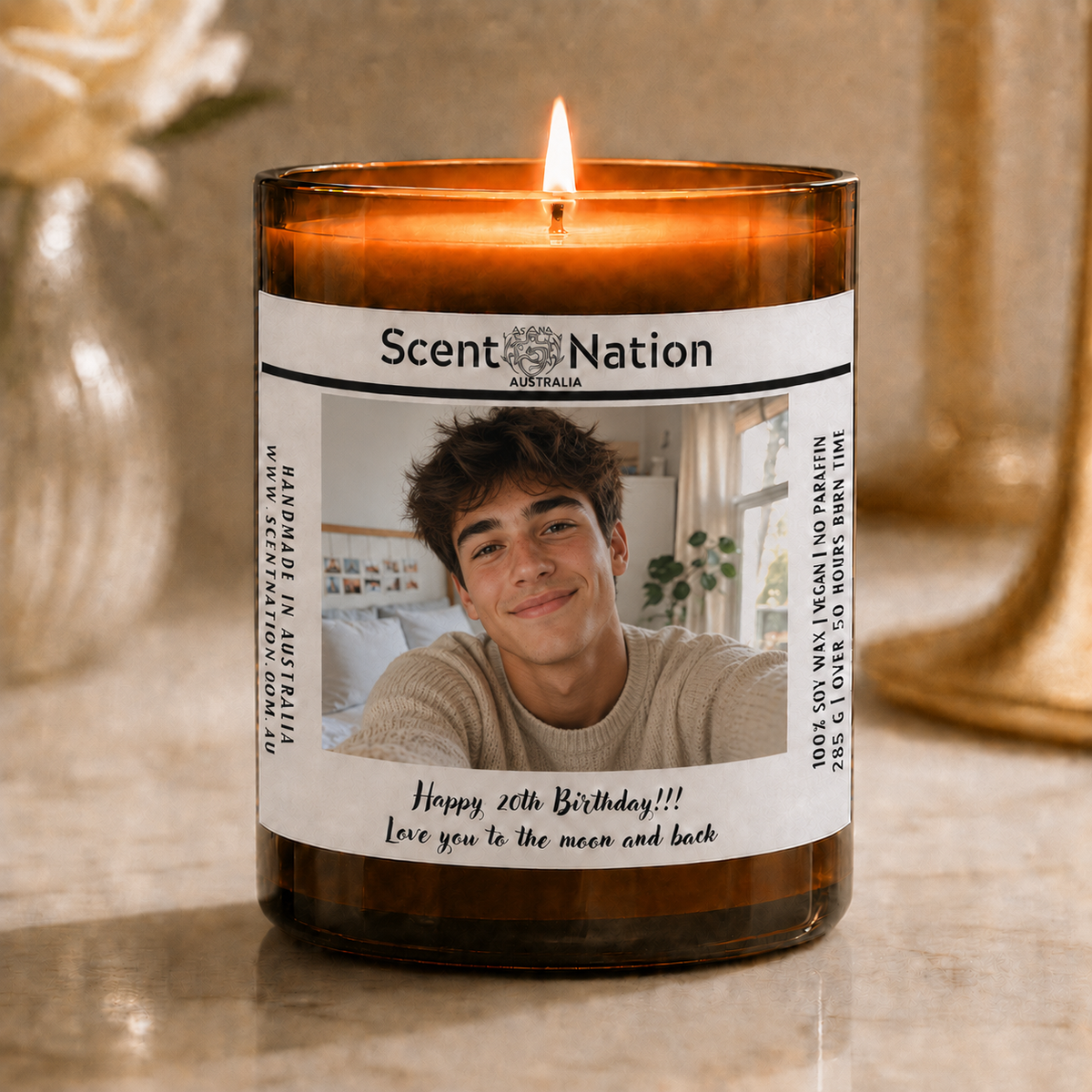 Birthday gift for him Scented candle with a personalized label featuring a photo of a person and text.