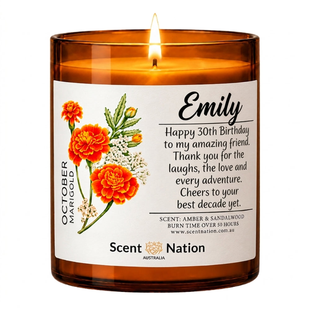30th birthday gifts for her: personalised birth flower candle in a Large 285g amber soy jar, October marigold label reading Emily, Happy 30th Birthday, by Scent Nation Australia