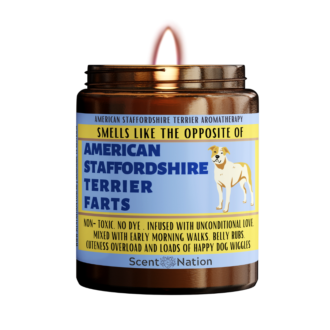 An American Staffy Staffordshire puppy sitting on a candle labeled "Smells like the opposite of an American staffy fart". The candle is made in Australia and is a great gift for staffy lovers, new Staffy dog owners, or anyone who appreciates a dog candle that doubles as a fart extinguisher. This funny and unique dog gift is perfect for gag gifts, dog lovers, Staffy pet owners, dog trainers, and dog groomers. It is also a great birthday gift for your furry friend.