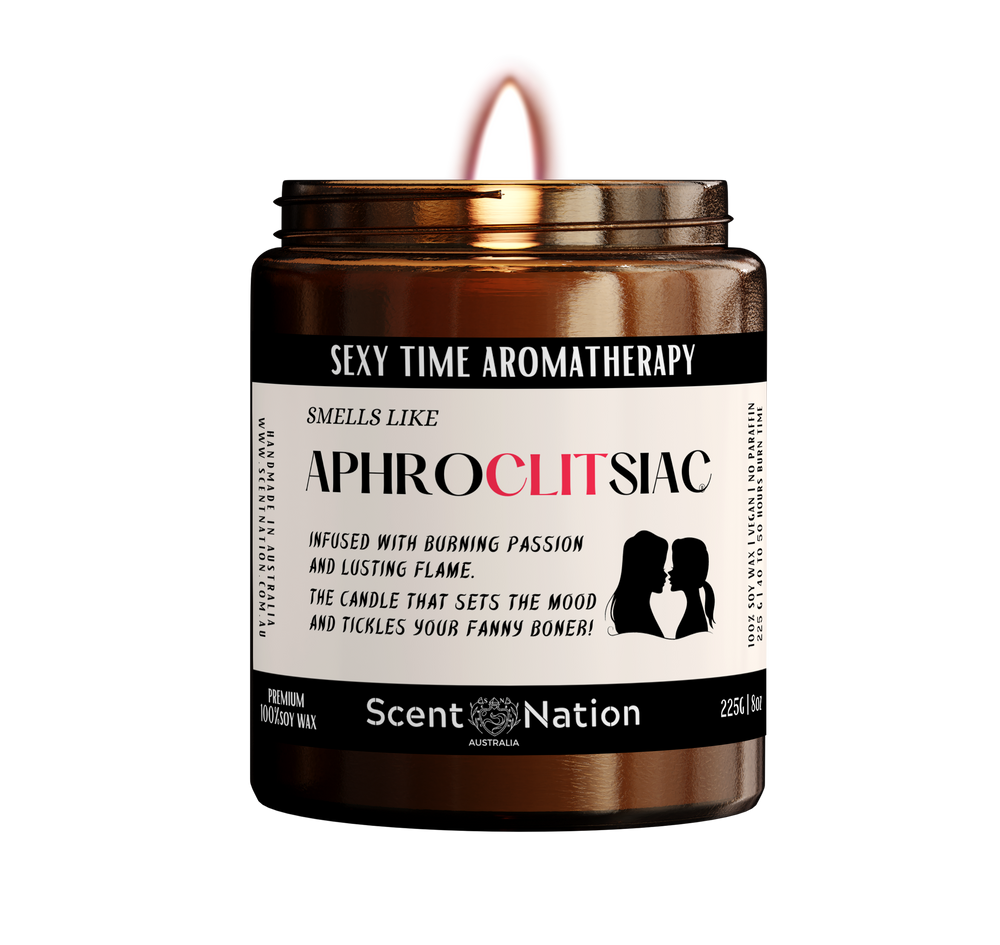Cheeky soy candle titled 'Smells Like Aphroclitsiac,' perfect for date nights and intimate gatherings."