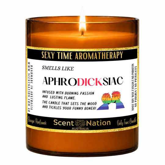 Gay couple gift – Aphrodicksiac Pride Edition candle: lit Large 285 g amber soy candle with a Sexy Time Aromatherapy label and rainbow couple, Scent Nation Australia