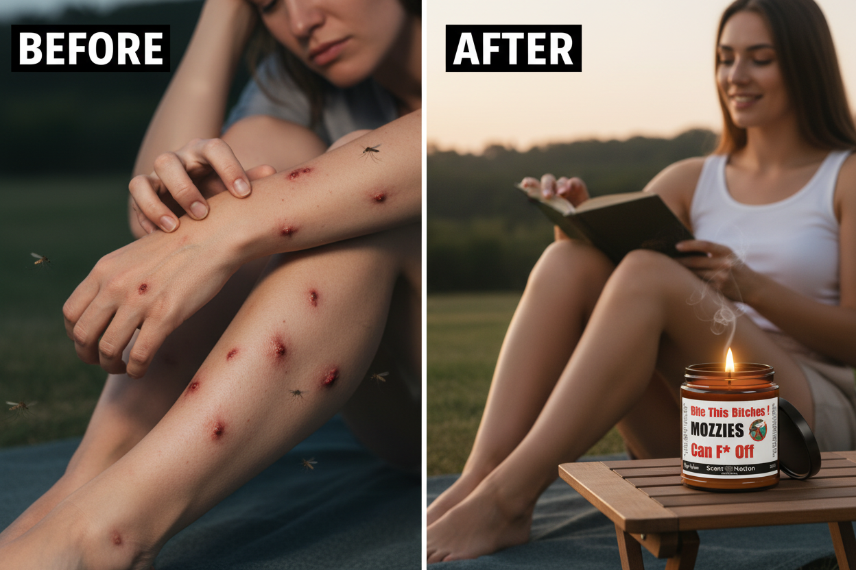 Before and after comparison - mosquito bites without candle vs no bites with candle using Scent Nation Australia mosquito repellent candle