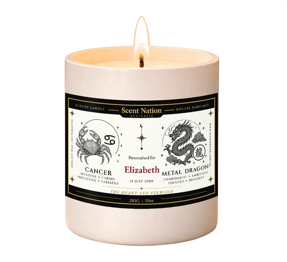 Personalised birthday gift – Birthdate zodiac candle: lit Large 285 g cream jar soy candle with Cancer star sign, Metal Dragon Chinese zodiac and the name Elizabeth, 14 July 2000, Scent Nation Australia
