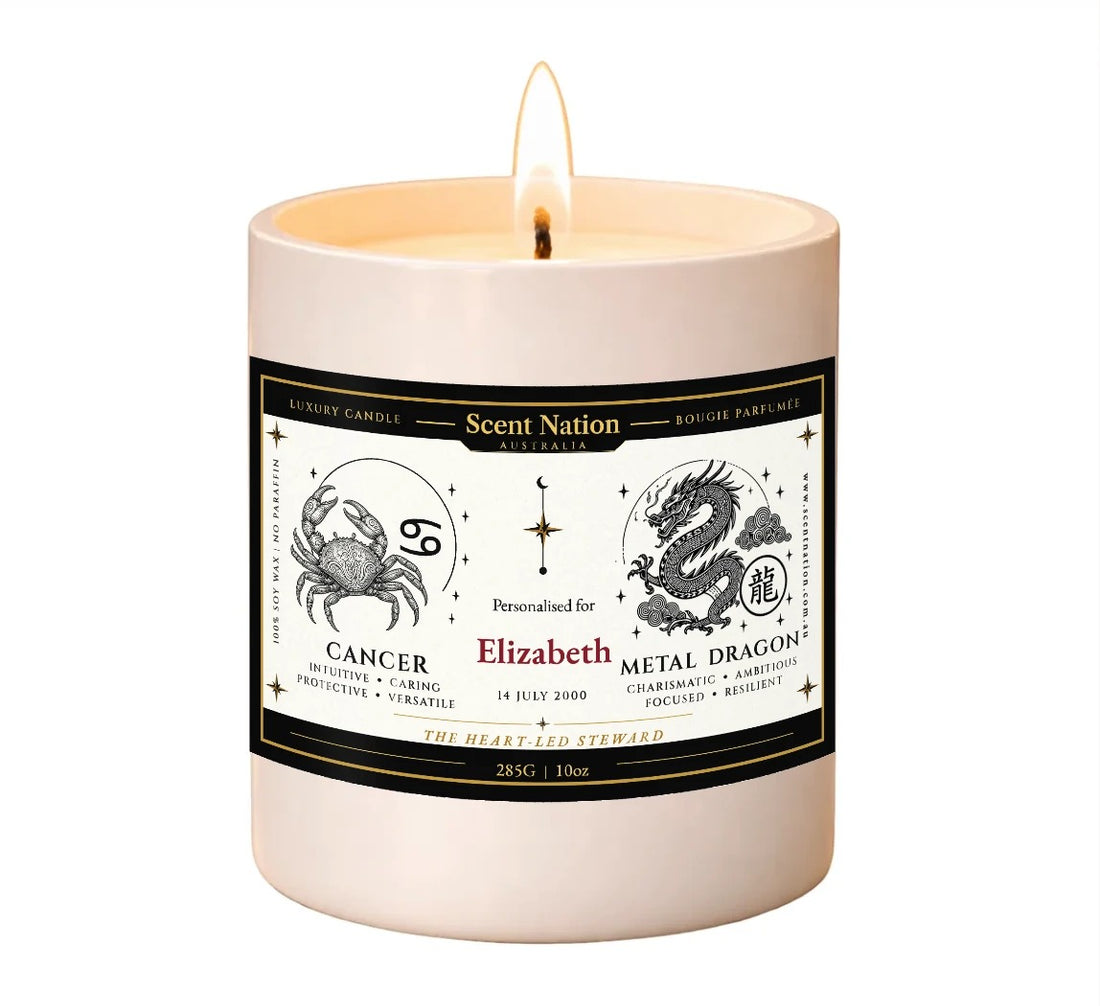 Personalised birthday gift – Birthdate zodiac candle: lit Large 285 g cream jar soy candle with Cancer star sign, Metal Dragon Chinese zodiac and the name Elizabeth, 14 July 2000, Scent Nation Australia
