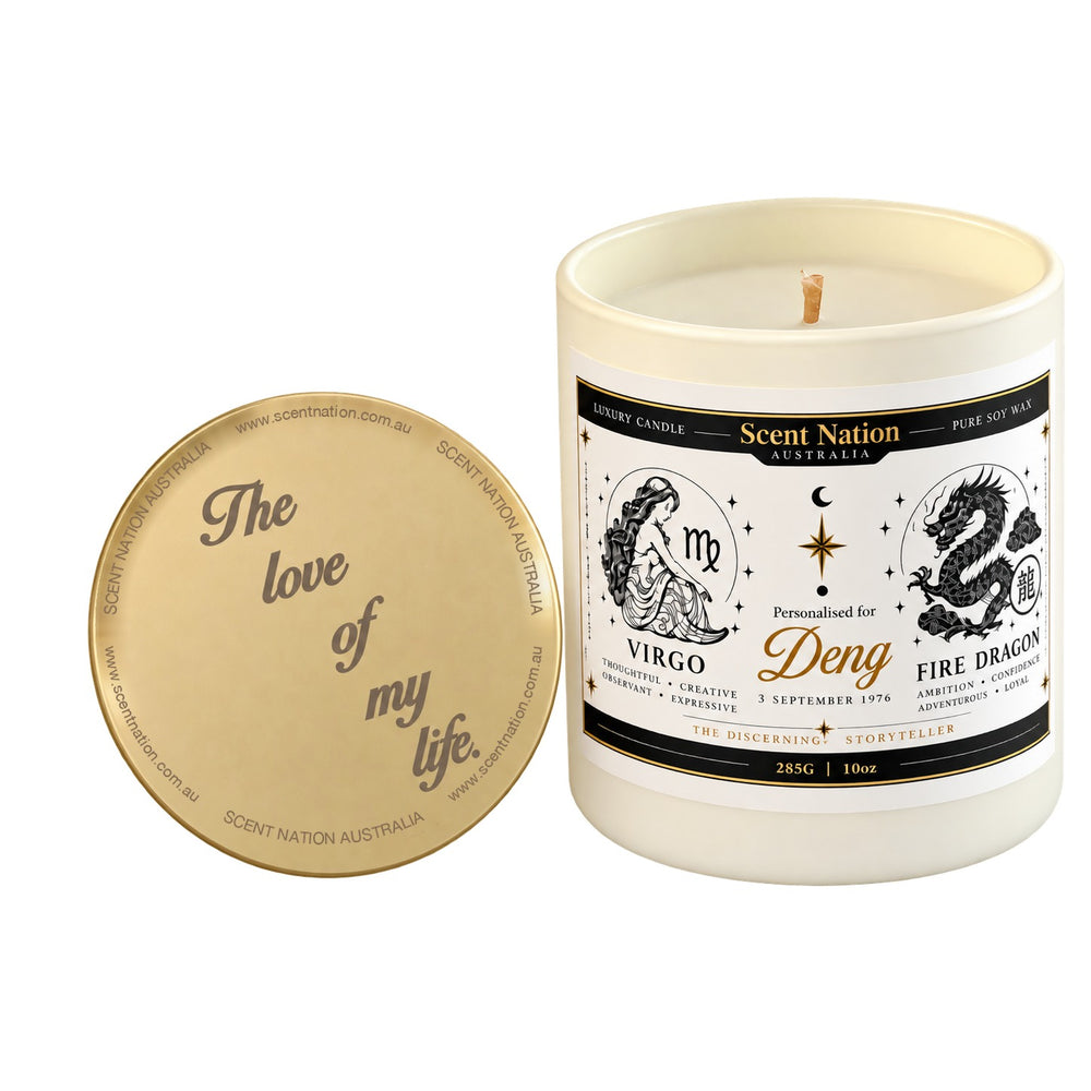 Personalised zodiac birthday candle with engraved lid – Virgo birthdate candle in a cream jar beside its gold lid laser-engraved 'The love of my life.', Scent Nation Australia