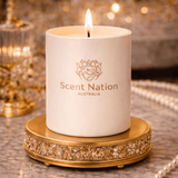 Baccarat rouge candle – Opium Noir, a Scent Nation luxury soy candle in a white vessel with a gold logo, Australia
