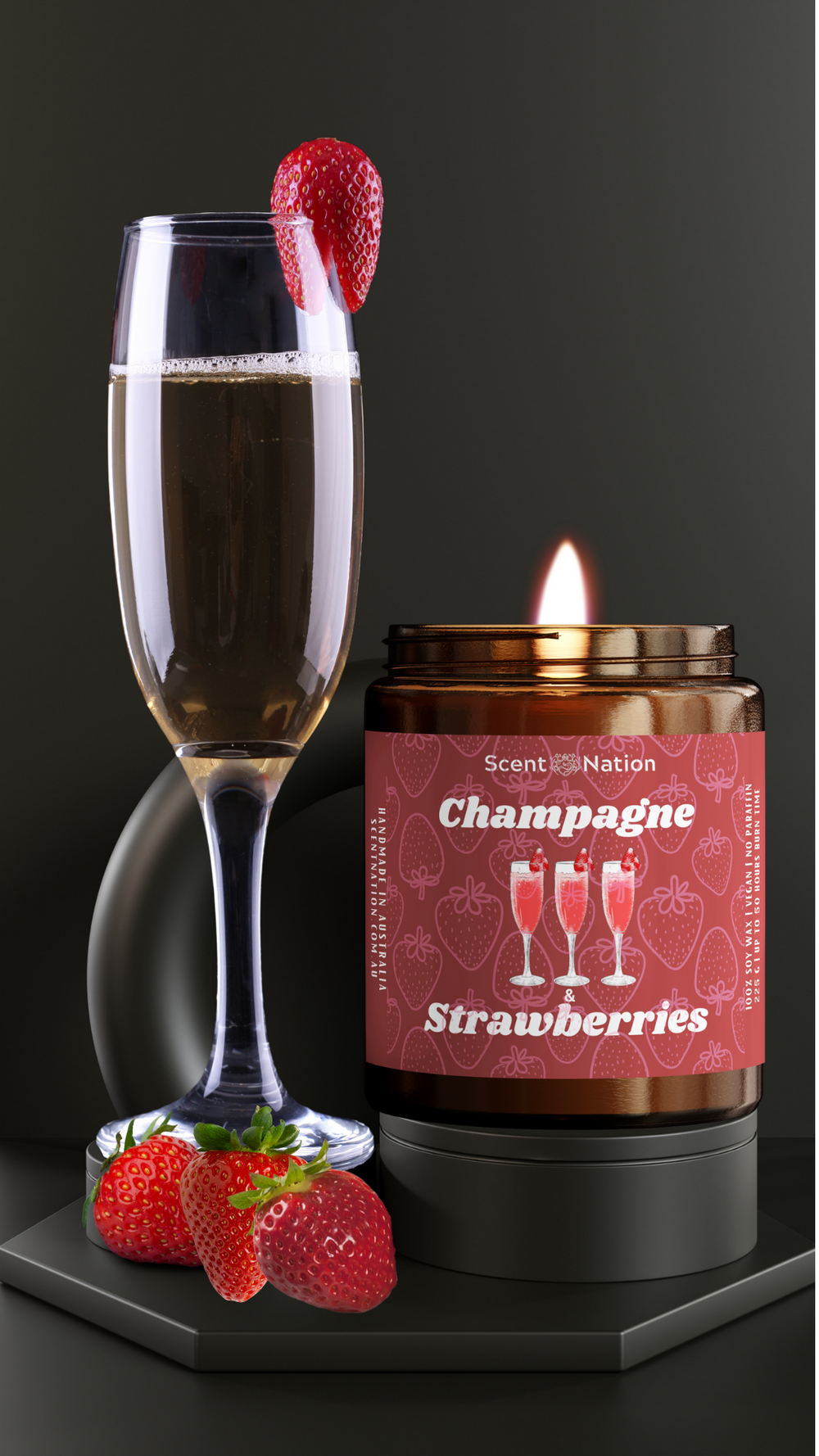 Scent Nation Australia Champagne and Strawberries scented candle, 100% soy wax, non toxic, phthalate free, paraben free, Australian made home scents