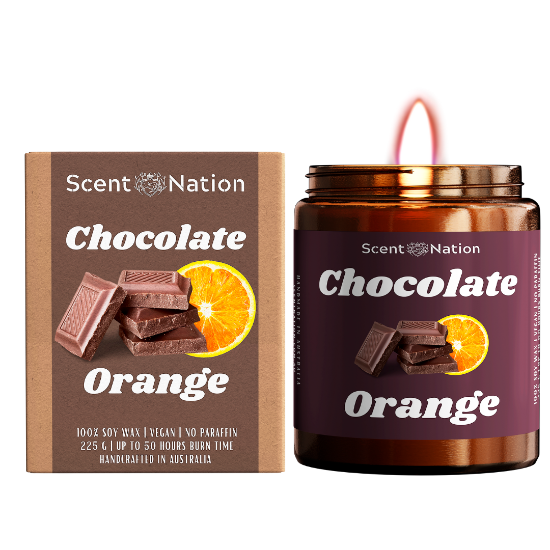 Indulgent chocolate orange soy candle, combining rich chocolate and citrus scents.