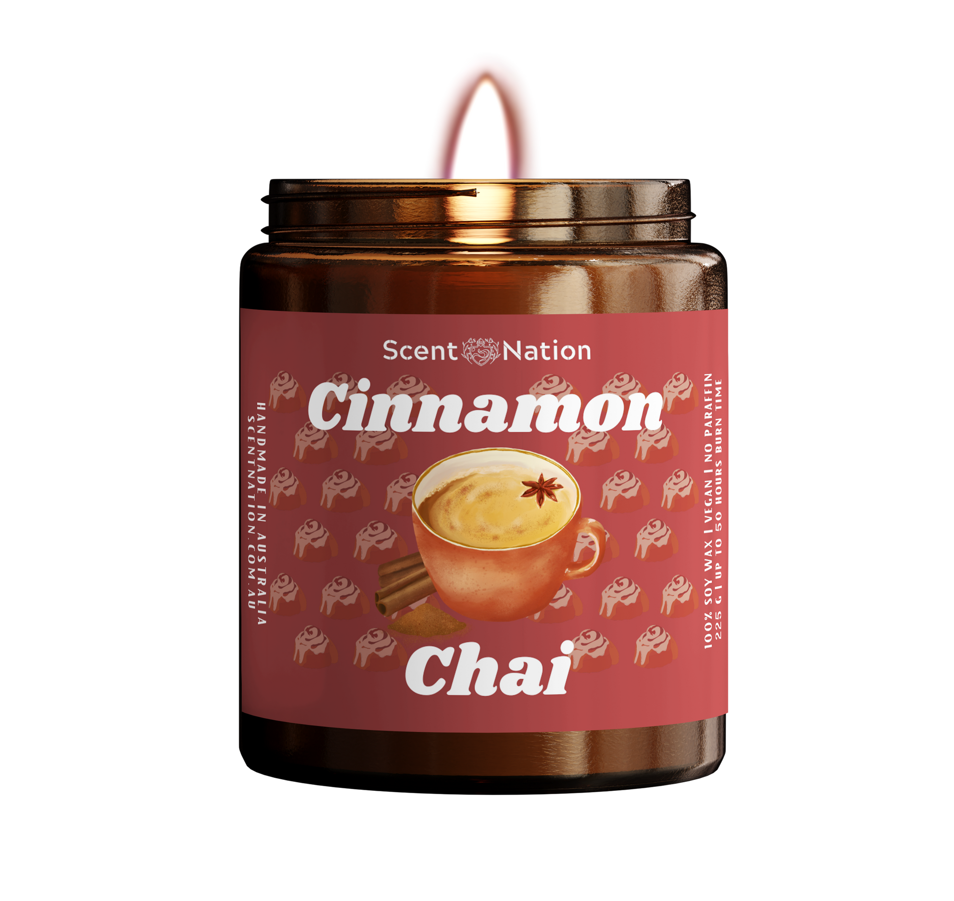 Aromatic soy candle featuring the rich fragrance of cinnamon chai, perfect for relaxation.