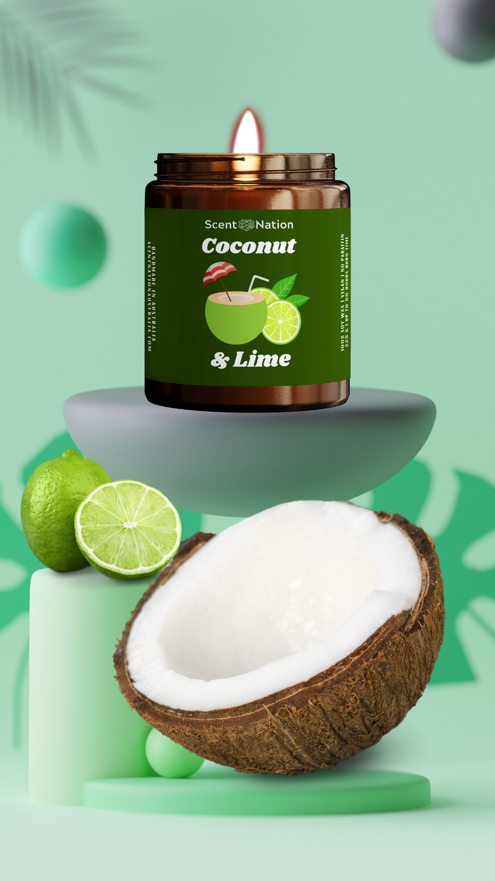 Coconut Lime Scented Candle Australa Non Toxic 100% Soy wax
