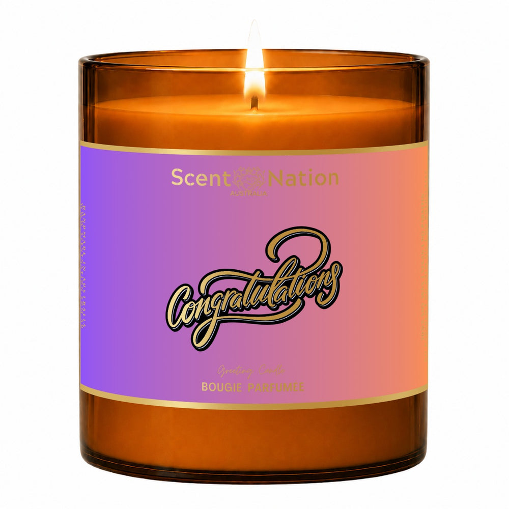 Congratulations gift – Congratulations greeting candle: lit Large 285 g amber soy candle with a lilac-to-coral metallic label and gold-foil Congratulations script, Scent Nation Australia – photo 2