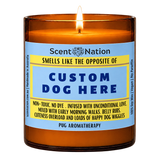 Personalised dog gifts – Smells Like the Opposite of a Dog Fart, a Scent Nation hand-poured soy candle in an amber jar with its printed label, Australia
