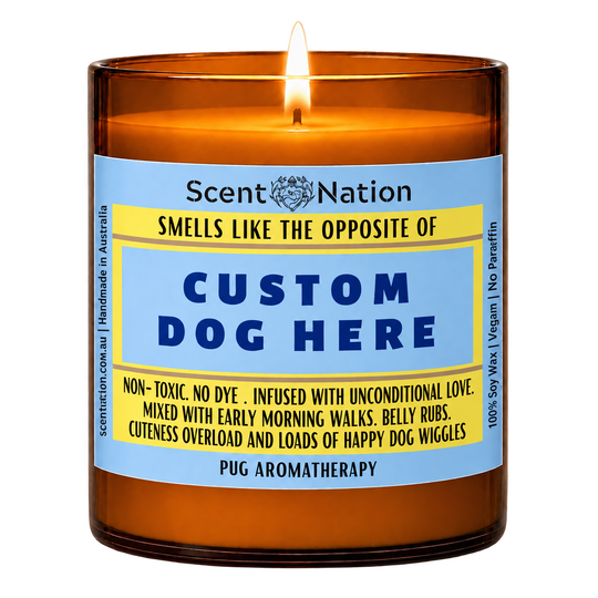 Custom dog fart candle – personalised 'Smells like the opposite of your dog's farts' label on a lit Large 285 g soy candle in an amber jar, Scent Nation Australia