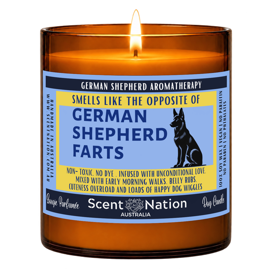 Gifts for German shepherd lovers – German Shepherd Farts dog fart candle: lit Large 285 g soy candle in an amber jar, blue and yellow ‘Smells like the opposite of German Shepherd farts’ label, Scent Nation Australia