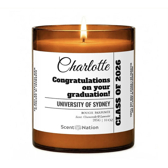 Personalised graduation gift – lit Large 285 g amber soy candle with the name Charlotte, 'Congratulations on your graduation!', University of Sydney and Class of 2026 on a white label, Scent Nation Australia