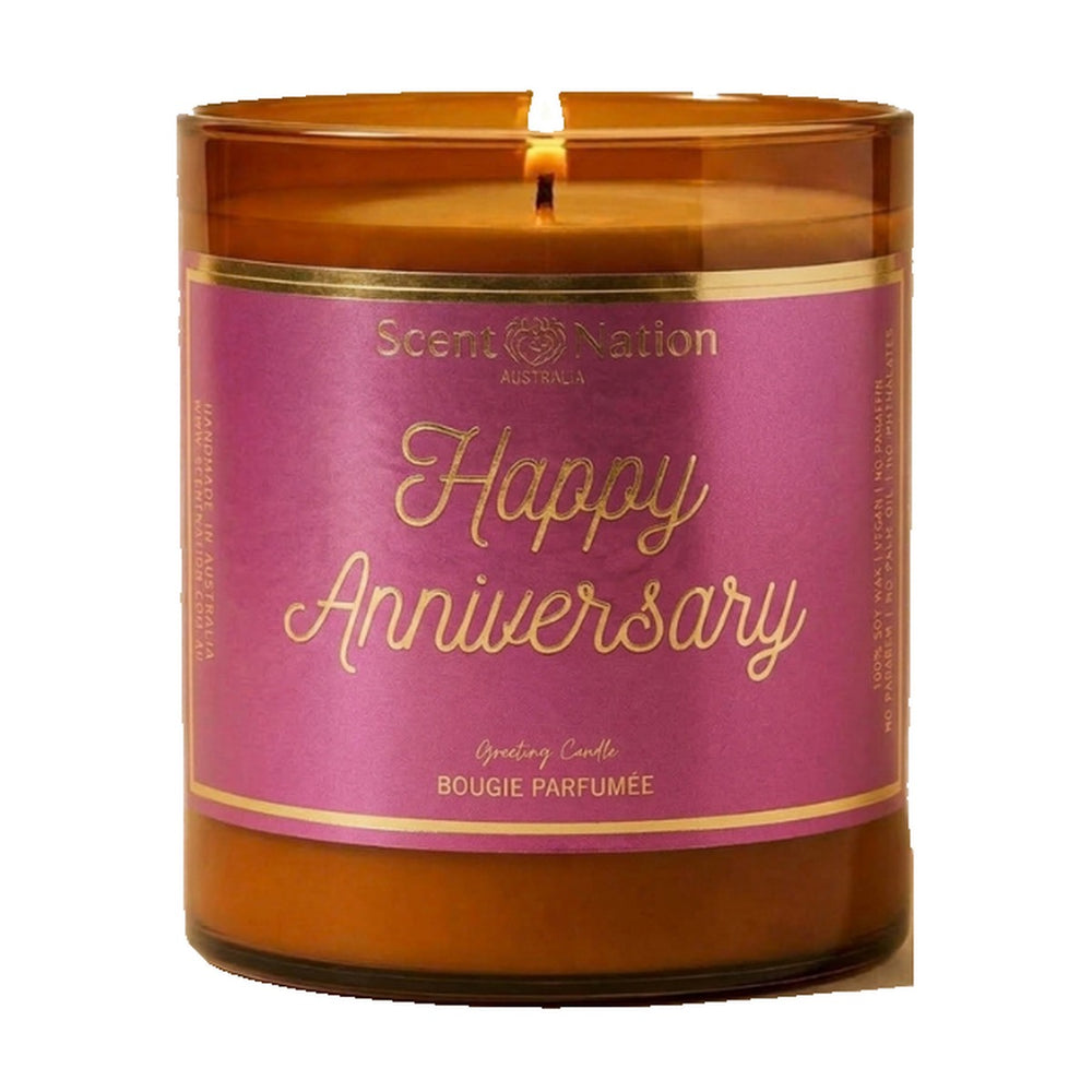 Anniversary gift for her – Happy Anniversary greeting candle: lit Large 285 g amber soy candle with a magenta label and gold-foil script, Scent Nation Australia