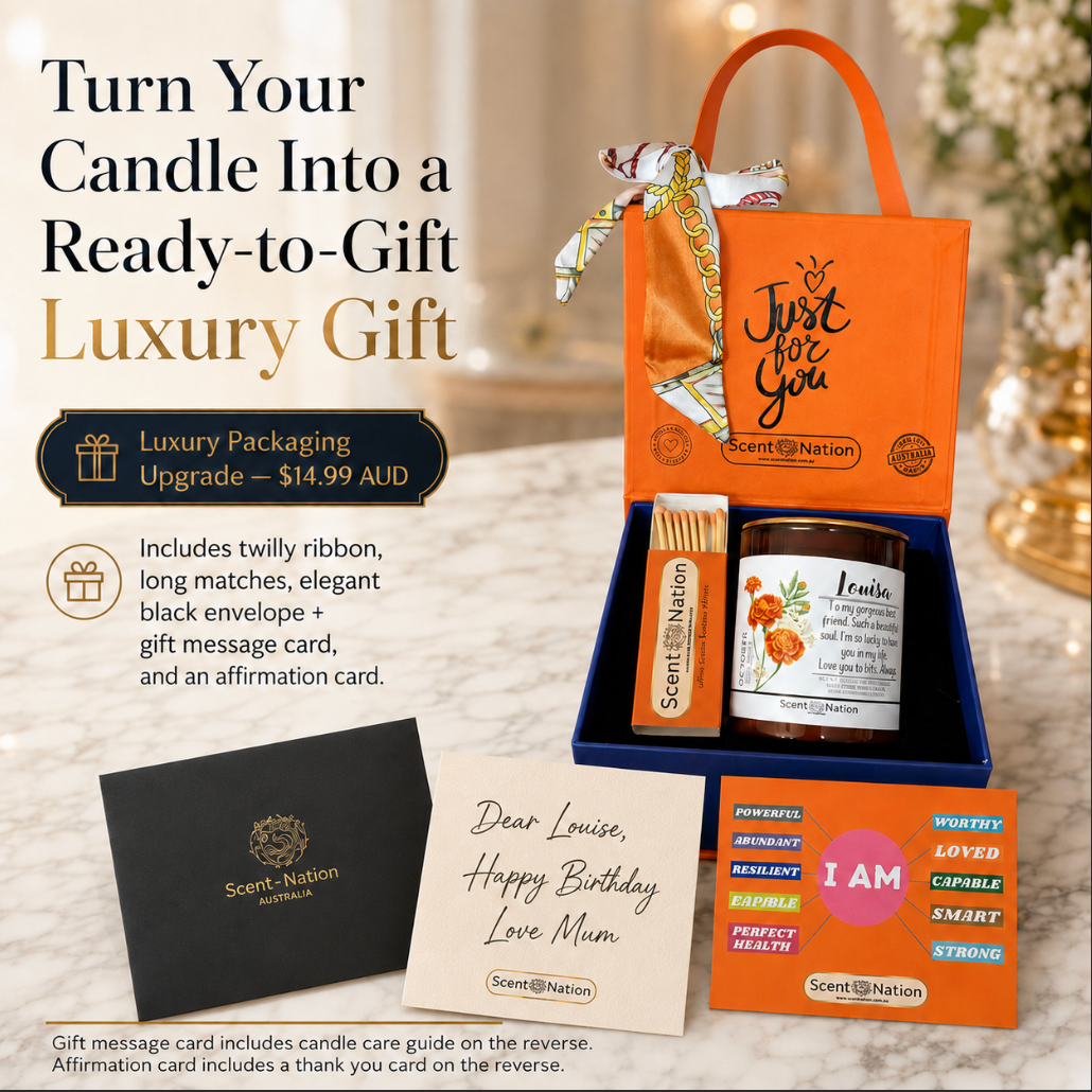 Scent Nation candle gift set with luxury packaging, including a candle, matches, and gift card.