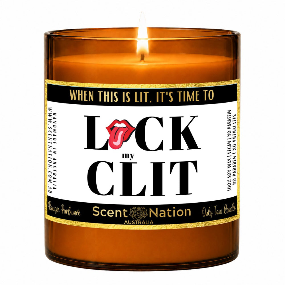 Naughty gift for her – adults-only joke candle: lit Large 285 g amber soy candle with a When This Is Lit label and gold trim, Scent Nation Australia
