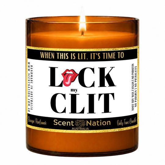 Naughty gift for her – adults-only joke candle: lit Large 285 g amber soy candle with a When This Is Lit label and gold trim, Scent Nation Australia