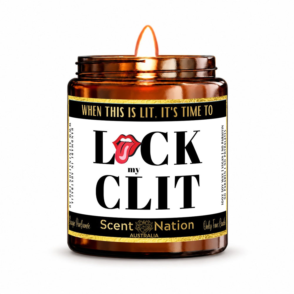 Naughty gift for her – adults-only joke candle: lit Medium 225 g amber soy candle with a When This Is Lit label and gold trim, Scent Nation Australia