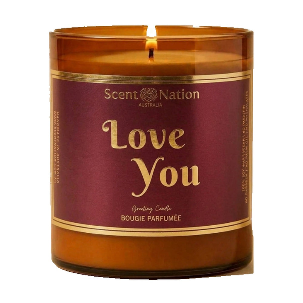 Love you candle gift – lit Large 285 g amber soy candle with a deep burgundy label and gold-foil Love You lettering, Scent Nation Australia