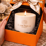 Baccarat rouge candle – Champs de Fleurs, a Scent Nation luxury soy candle in a white vessel with a gold logo, Australia