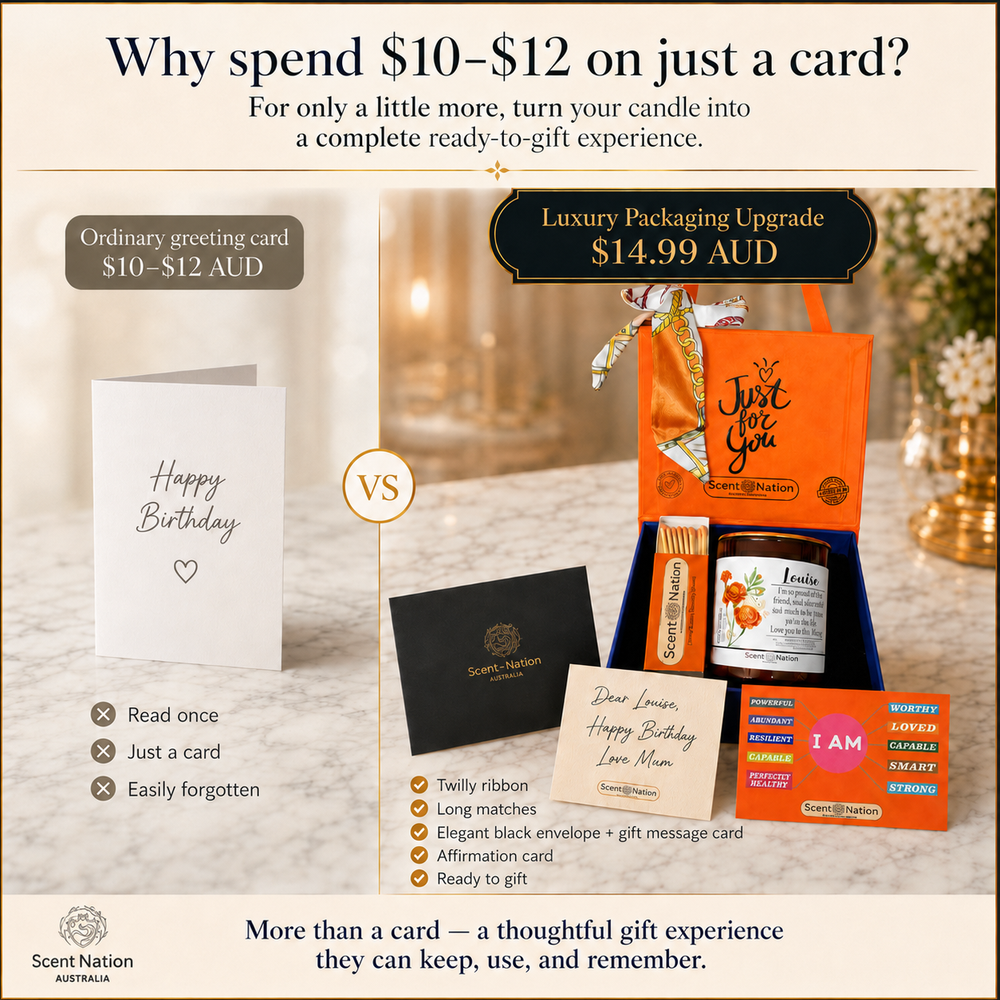 Luxury Scent Nation candle gift packaging beside a greeting card alternative