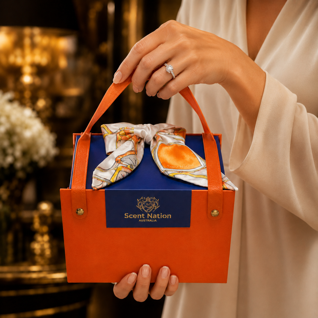 Person holding hermes style gift bag with a decorative item, branded 'Scent Nation' a candle luxury gift box