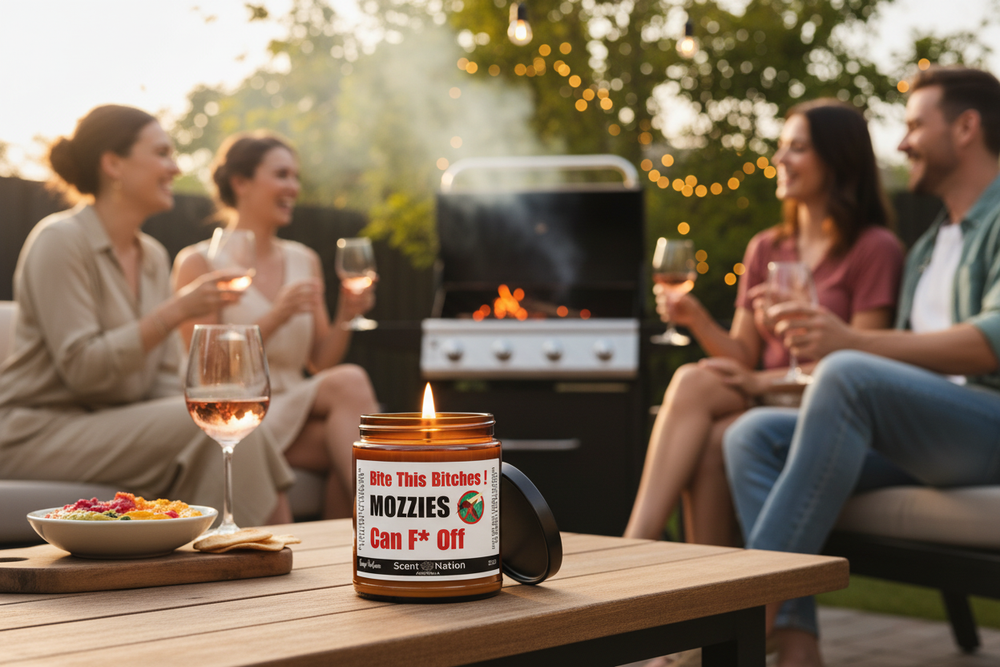 Mosquito repellent candle at backyard BBQ by Scent nation Australia