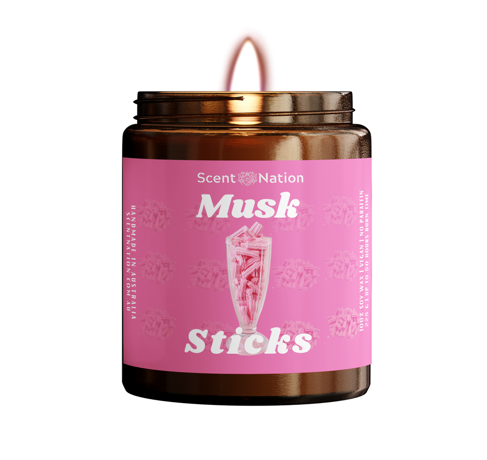 Aromatic soy candle featuring the delightful scent of musk sticks, perfect for a cozy atmosphere.