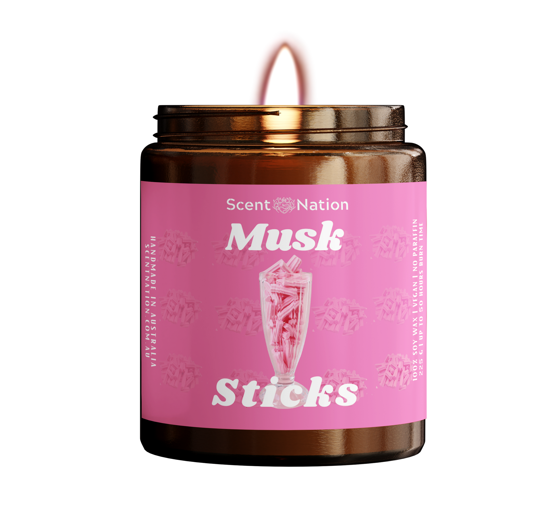 Aromatic soy candle featuring the delightful scent of musk sticks, perfect for a cozy atmosphere.