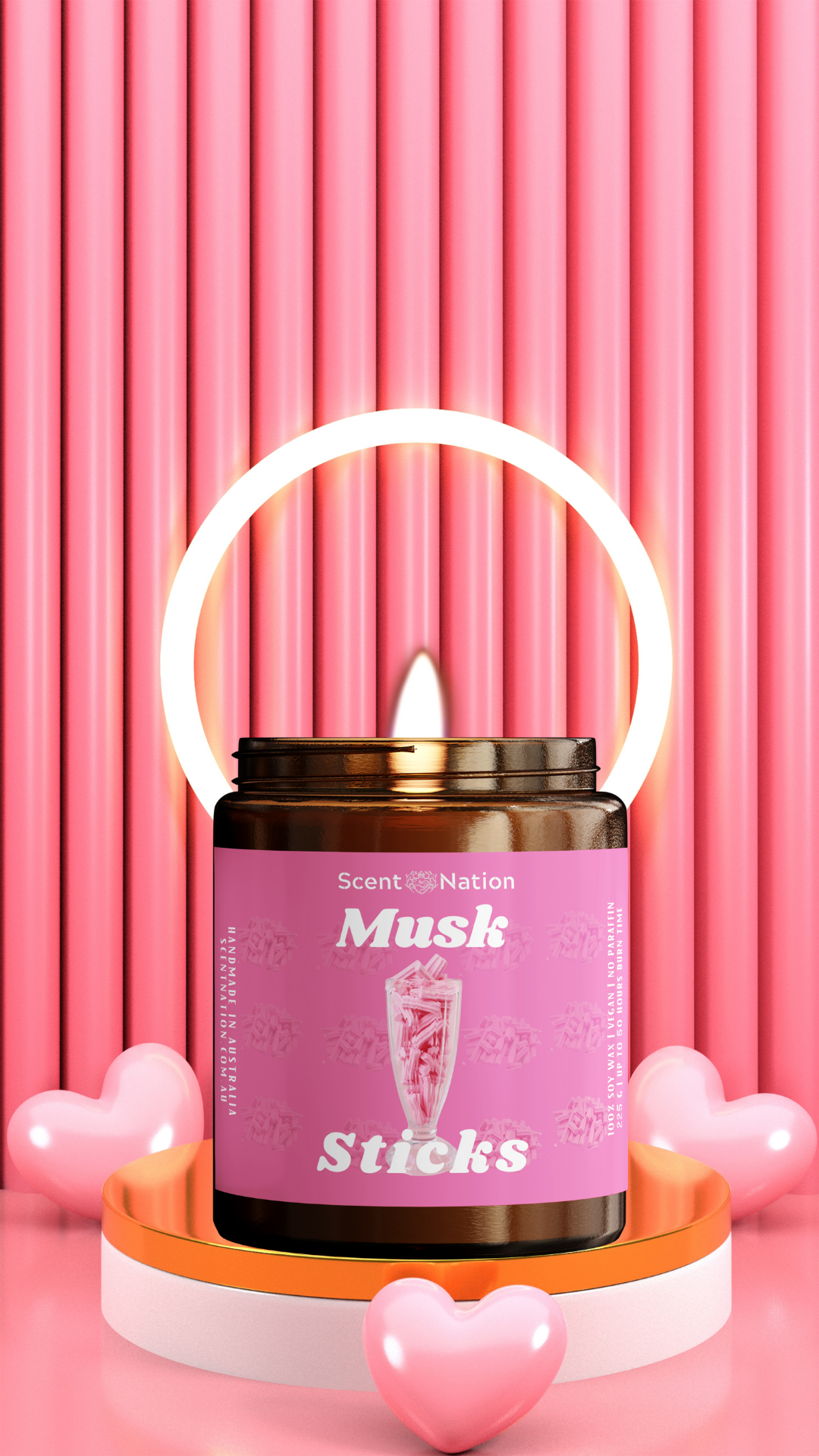 Musk sticks scented soy candle, capturing the nostalgic fragrance of sweet musk sticks.