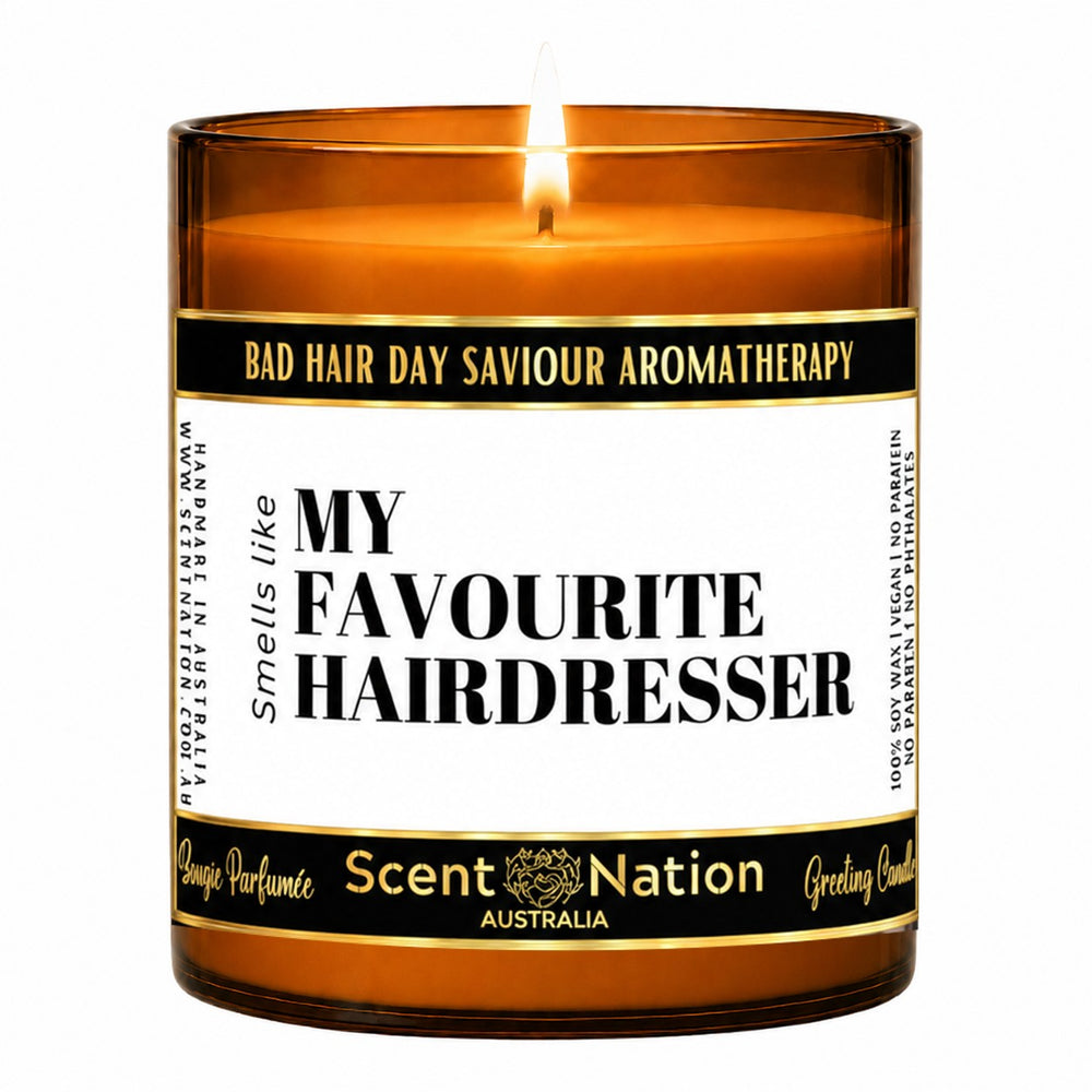 Gift for hairdresser – lit Large 285 g amber soy candle with a Bad Hair Day Saviour Aromatherapy label: smells like my favourite hairdresser, Scent Nation Australia