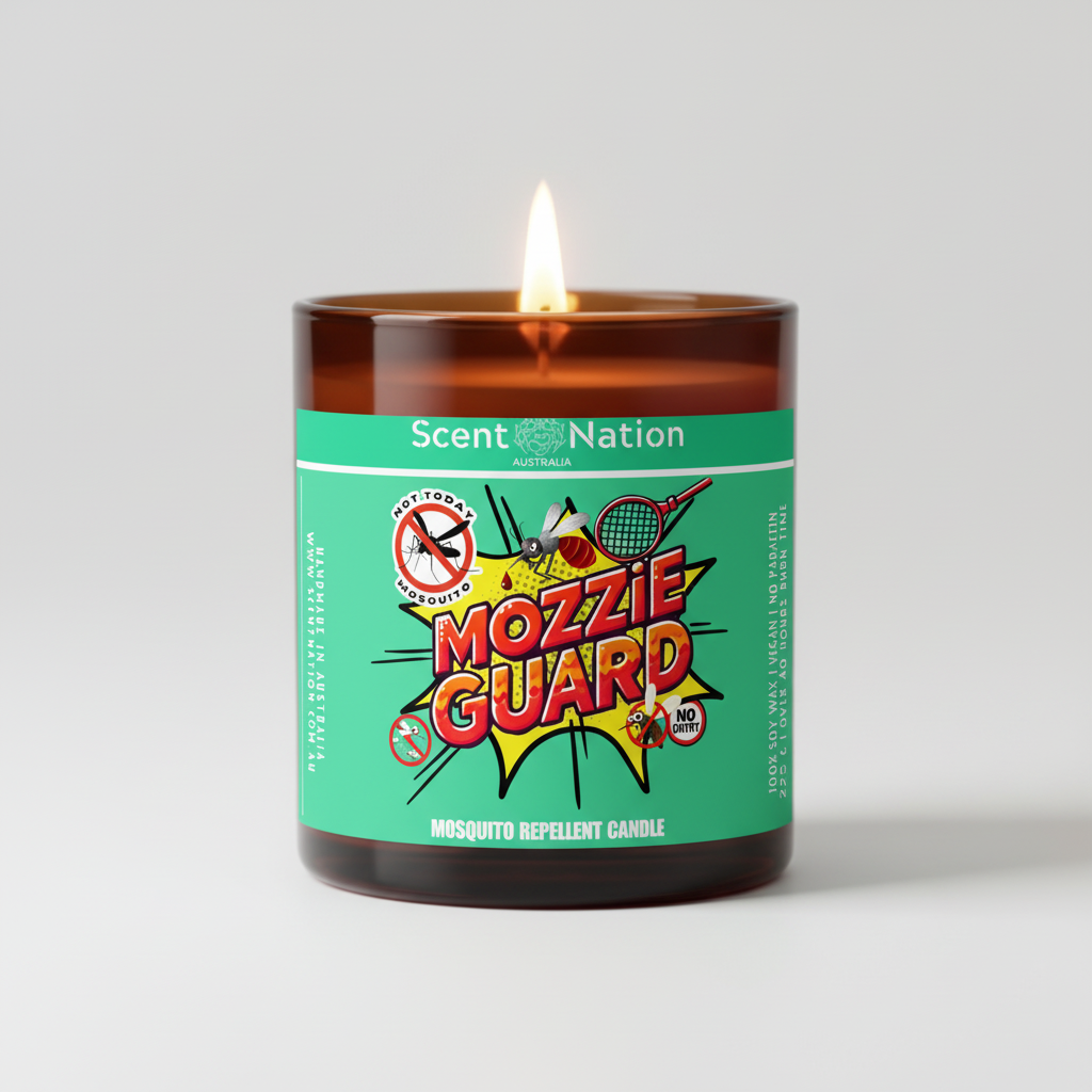 Natural mosquito repellent candle burning with visible flame - Mozzie Guard soy wax candle Australia