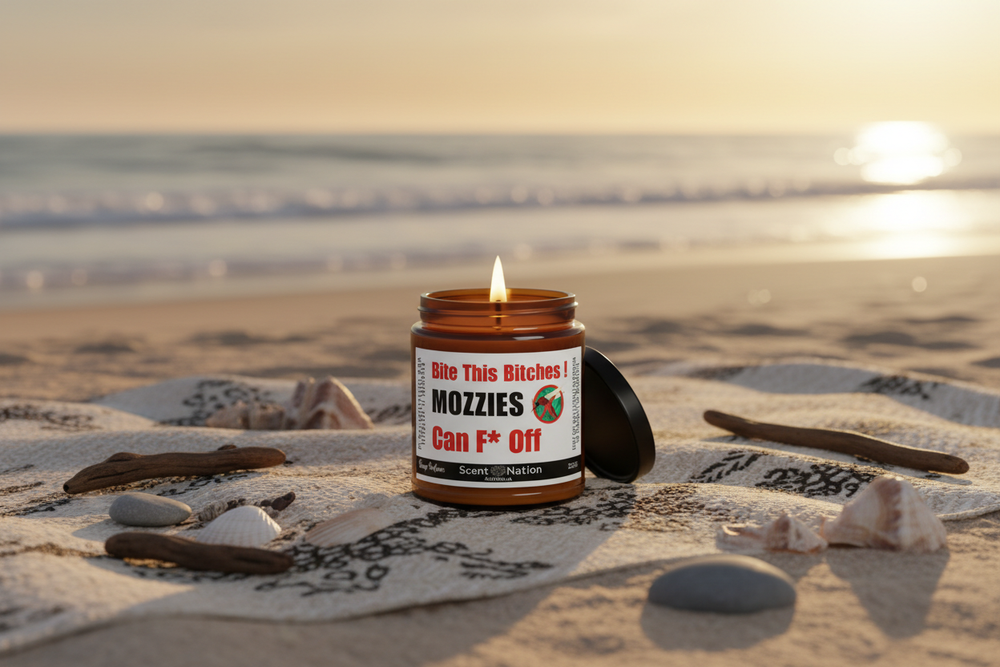 Mosquito repellent candle at beach sunset