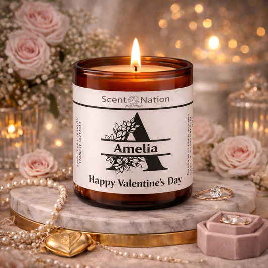 Personalised monogram Valentine’s Day candle with custom name and message in amber jar – Scent Nation Australia
