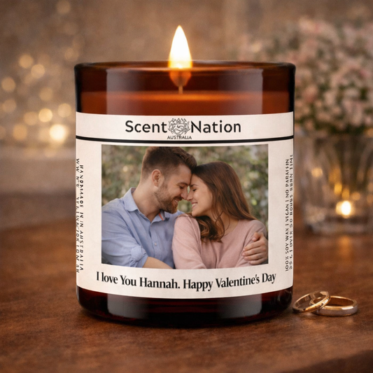 Personalised photo Valentine’s candle with couple photo and custom message – Scent Nation Australia