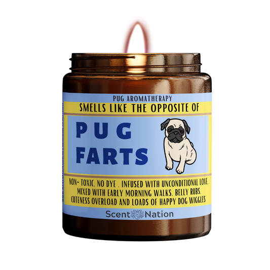 A Pug puppy sitting on a candle labeled "Smells like the opposite of Pug fart". The candle is made in Australia and is a great gift for Pug lovers, new Pug owners, or anyone who appreciates a dog candle that doubles as a fart extinguisher. This funny and unique dog gift is perfect for gag gifts, dog lovers, Pug owners, dog trainers, and dog groomers. It is also a great birthday gift for your furry friend.