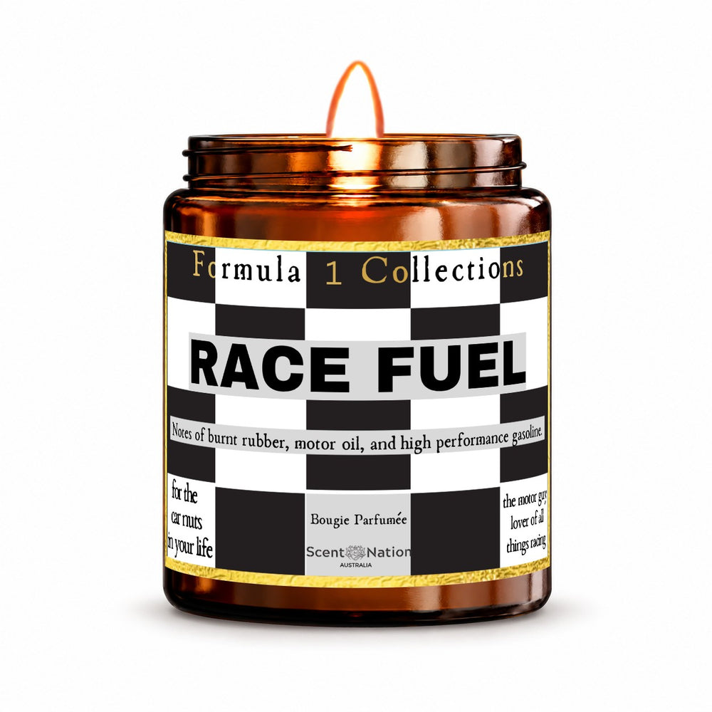 Formula 1 gift – Race Fuel candle: lit Medium 225 g amber soy candle with a chequered-flag Formula 1 Collections label, Scent Nation Australia