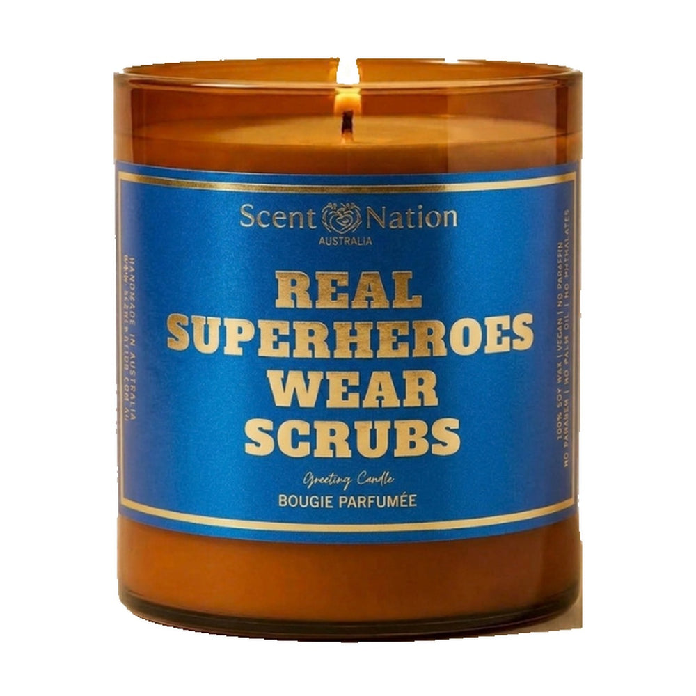 Gifts for nurses and doctors – lit Large 285 g amber soy candle with a royal-blue label: Real superheroes wear scrubs, Scent Nation Australia