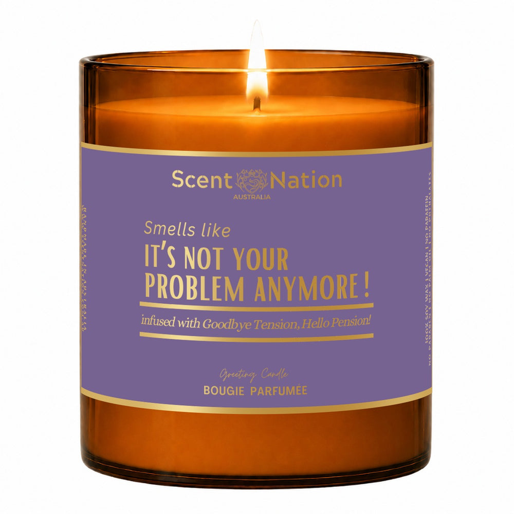 Retirement gift – lit Large 285 g amber soy candle with a lavender metallic label: Smells like it's not your problem anymore, Scent Nation Australia