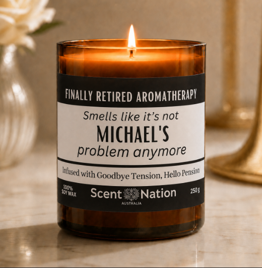 Retirement Gift Personalised with name funny candle with label aying Finally Retired Aromatherapy