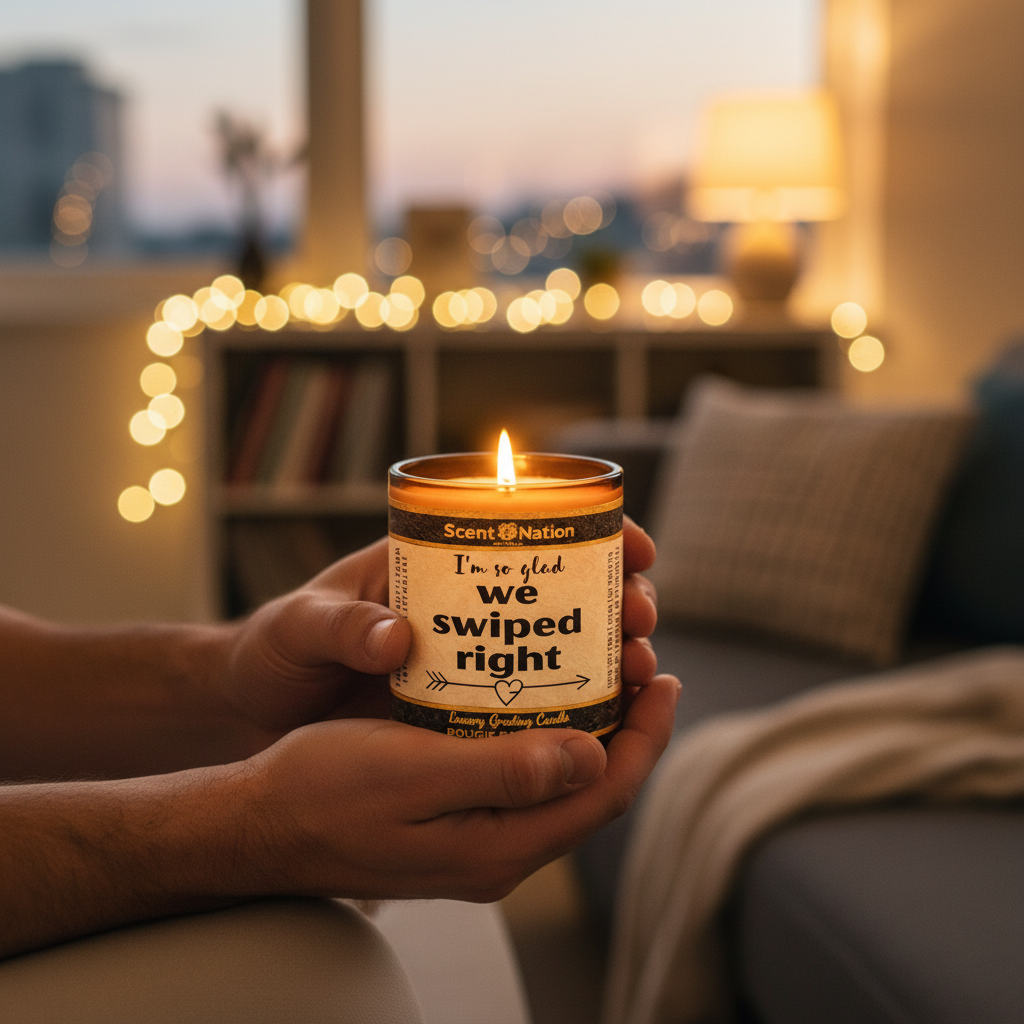 Scent Nation engagement scented candle for couples, non toxic soy candle Australia, I'm so glad we swiped right relationship milestone gift