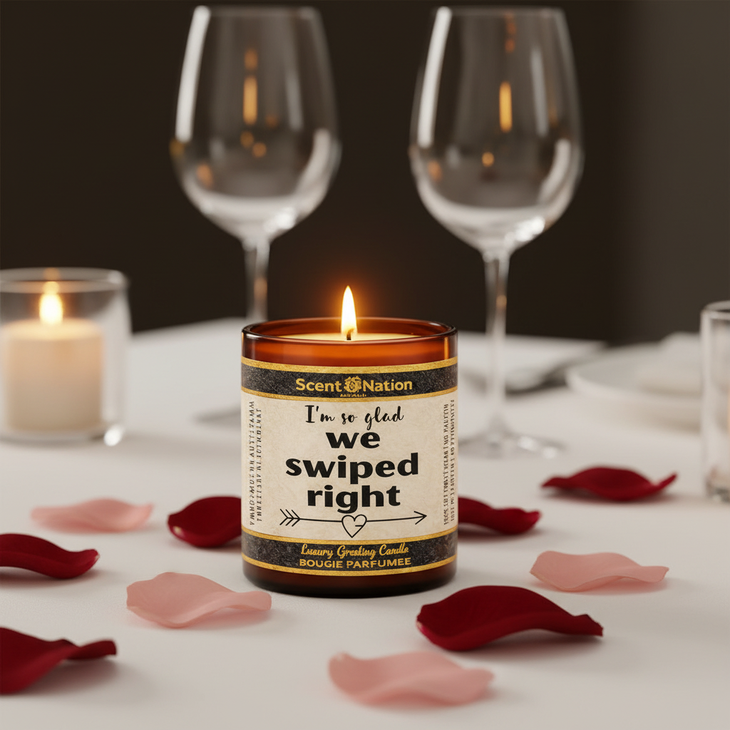 Scent Nation romantic scented candle for couples, non toxic soy candle Australia, I'm so glad we swiped right anniversary gift amber jar