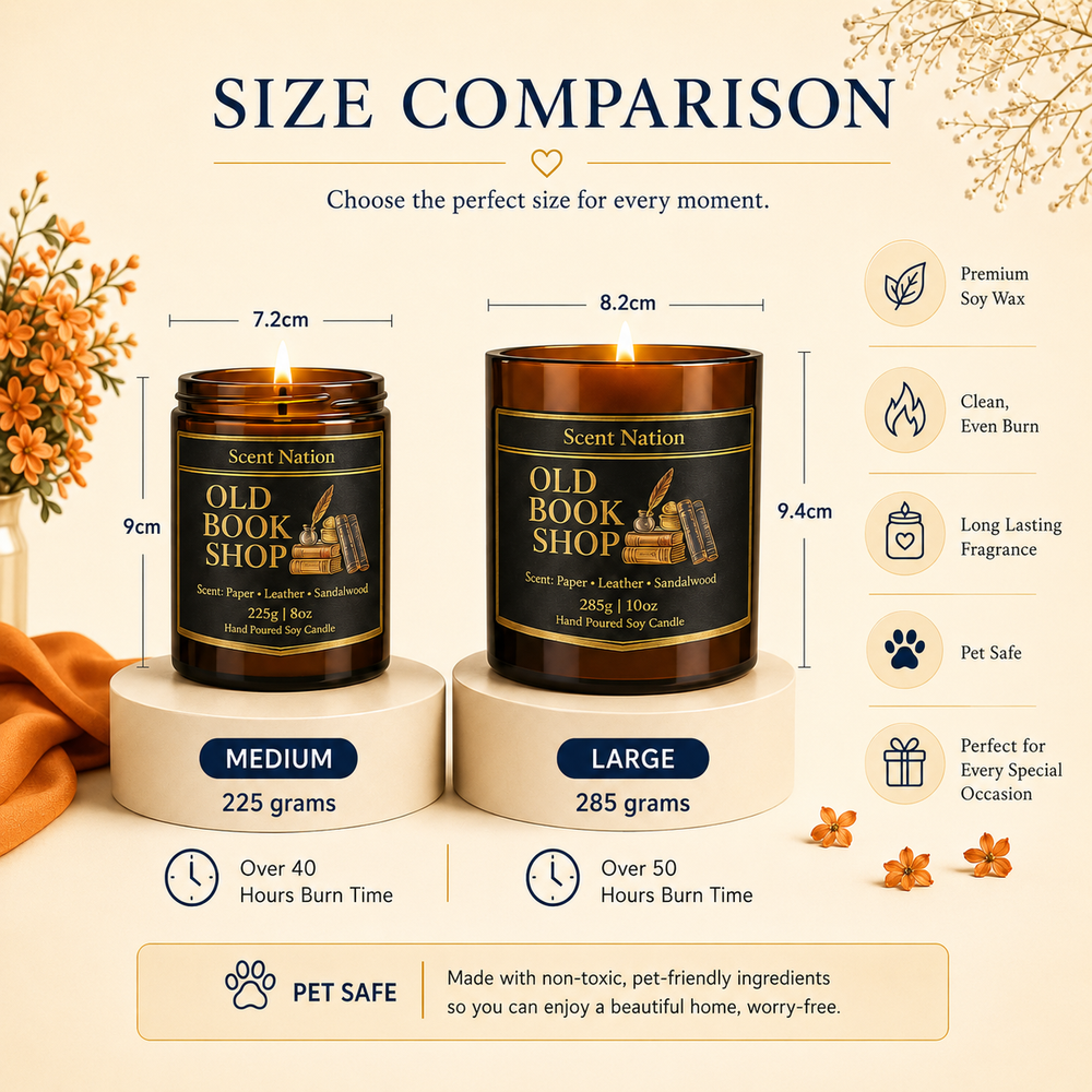 Candle size comparison: Scent Nation Medium 225g (7.2 x 9 cm, over 40 hours burn time) vs Large 285g (8.2 x 9.4 cm, over 50 hours burn time) soy candle