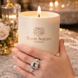 Black opium candle scent – Baccarat, a Scent Nation luxury soy candle in a white vessel with a gold logo, Australia