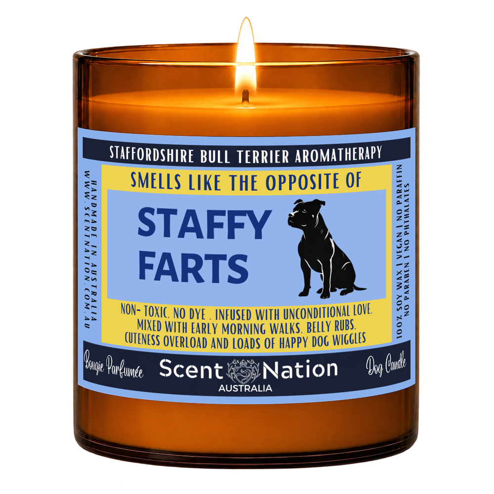 Staffy gifts – Staffy Farts dog fart candle: lit Large 285 g soy candle in an amber jar, blue and yellow ‘Smells like the opposite of Staffy farts’ label, Scent Nation Australia