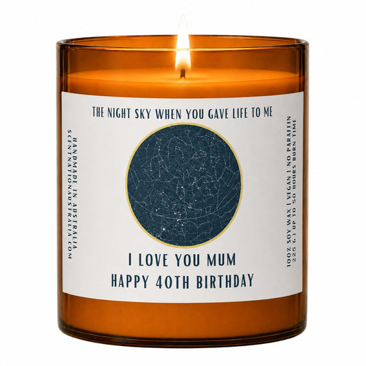 Star map candle – personalised night sky candle: lit Large 285 g amber soy candle with a navy star chart and 'I love you Mum, Happy 40th Birthday', Scent Nation Australia